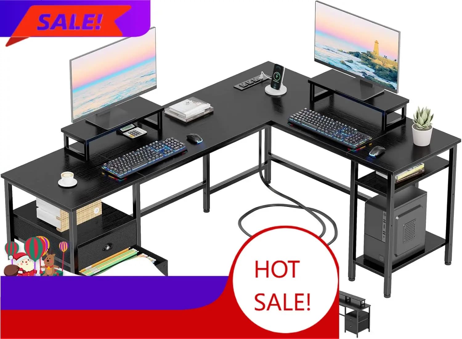 66 inch L desk with power outlet, reversible gaming desk with document drawer and 2 supports for home office monitor with chair
