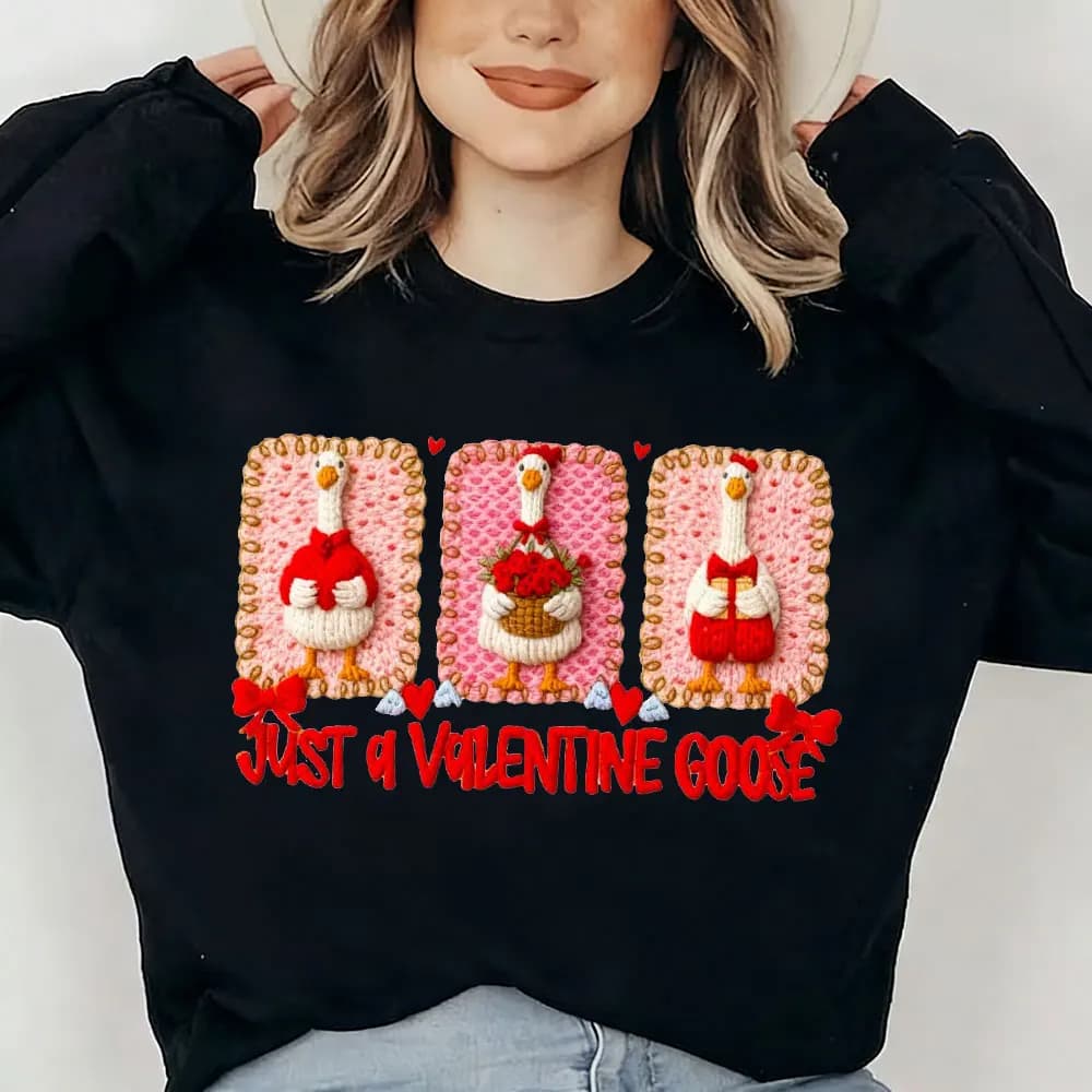 Simpatico maglione coquette d'oca adorabile Divertente San Valentino Anatra Silly Goose Love Crochet Latch Hook Filato Stampa San Valentino Felpa Top