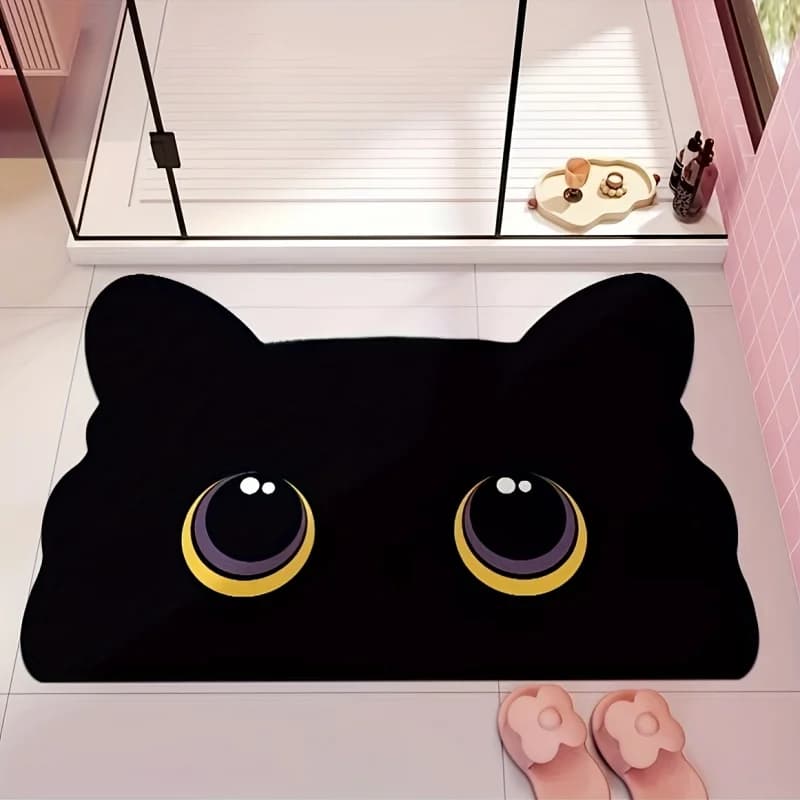 VIKAMA Tappetino per porta con gatto nero dei cartoni animati - Antiscivolo e assorbente, ideale per ingressi, bagni e toilette - Decorazioni per la casa