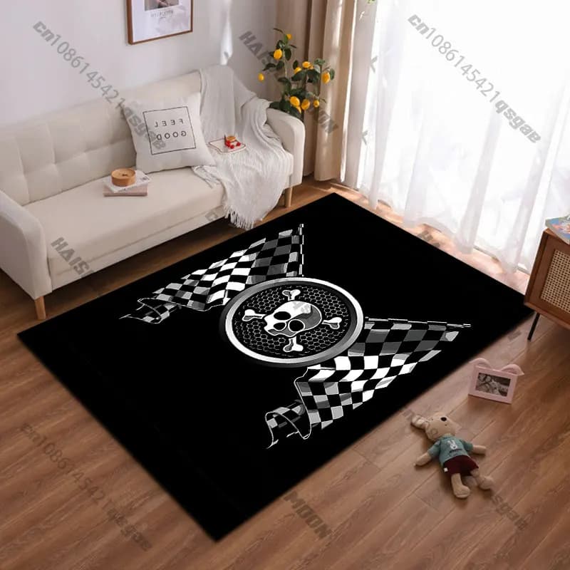 Carpet with skull pattern and racing flags, yoga mat, decoration for living room, baby cat mat, tirbino, decorative carpet, game mat