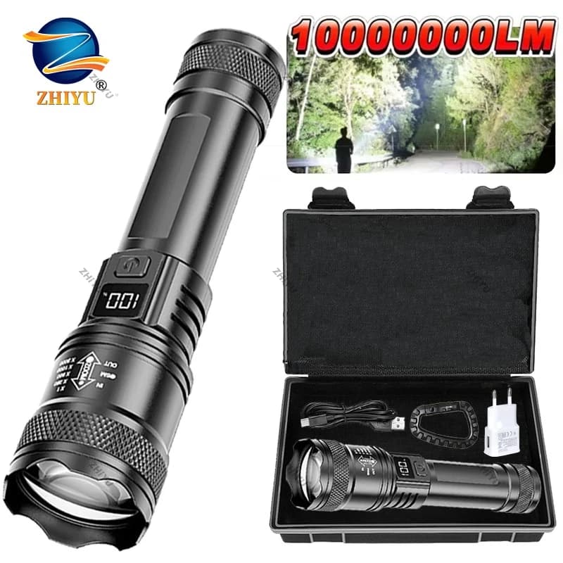 Rechargeable LED Flashlight Zoomable Torch with LCD Display 3 Modes Waterproof High Power Hand Light Outdoor Wilderness Camping