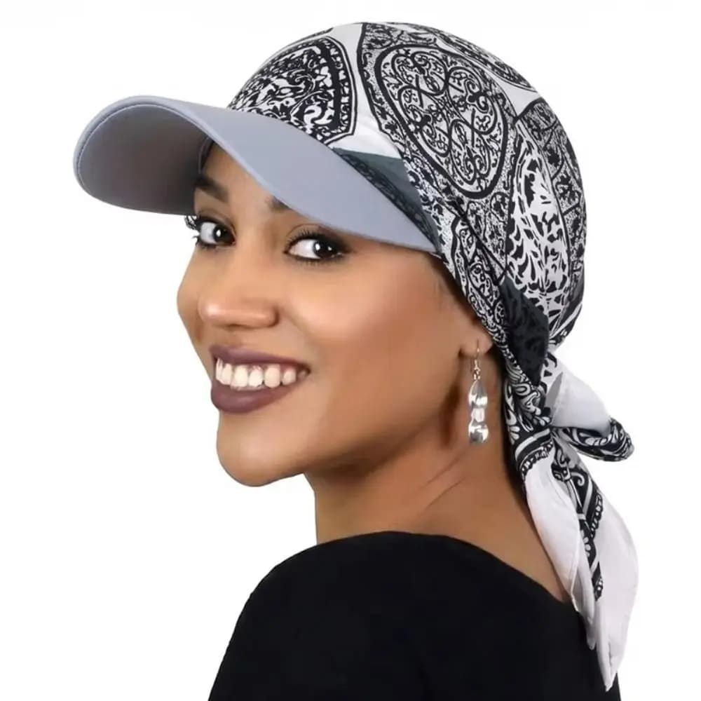 Soft Printed Satin Headscarf Hat UV Protection Wide Brim Baseball Hijab Cap Bandana Breathable Chiffon Printed Visor Hat Summer