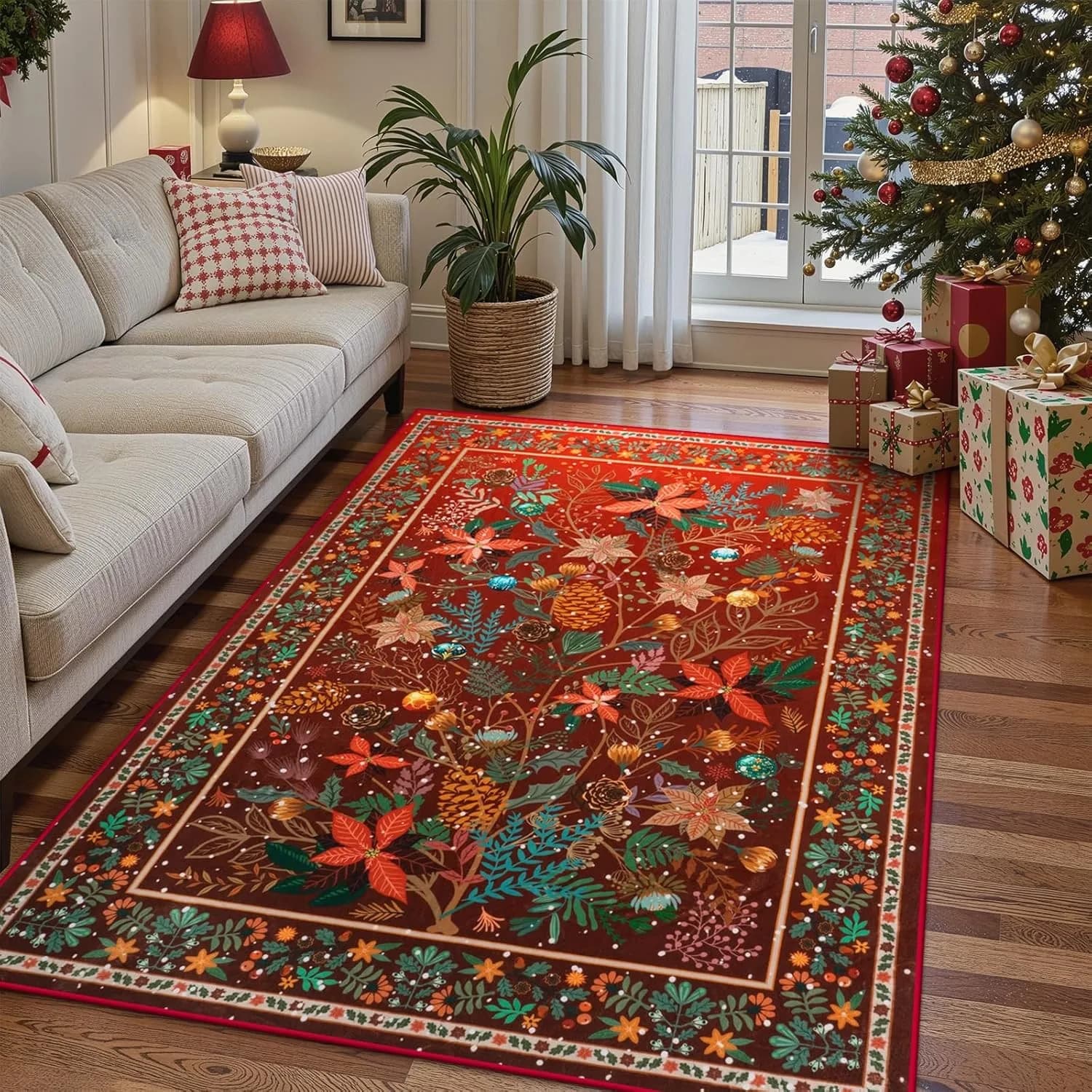 Tappeto natalizio Tappeti lavabili floreali botanici per decorazioni natalizie del soggiorno, tappeto morbido e moderno antiscivolo per camera da letto, tappeto per interni