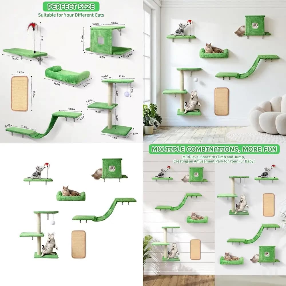 Set di Mobili per Gatti 6-in-1 da Parete: Cuccia, Letto, Ponte, Albero, Gradini, Tiragraffi - Verde