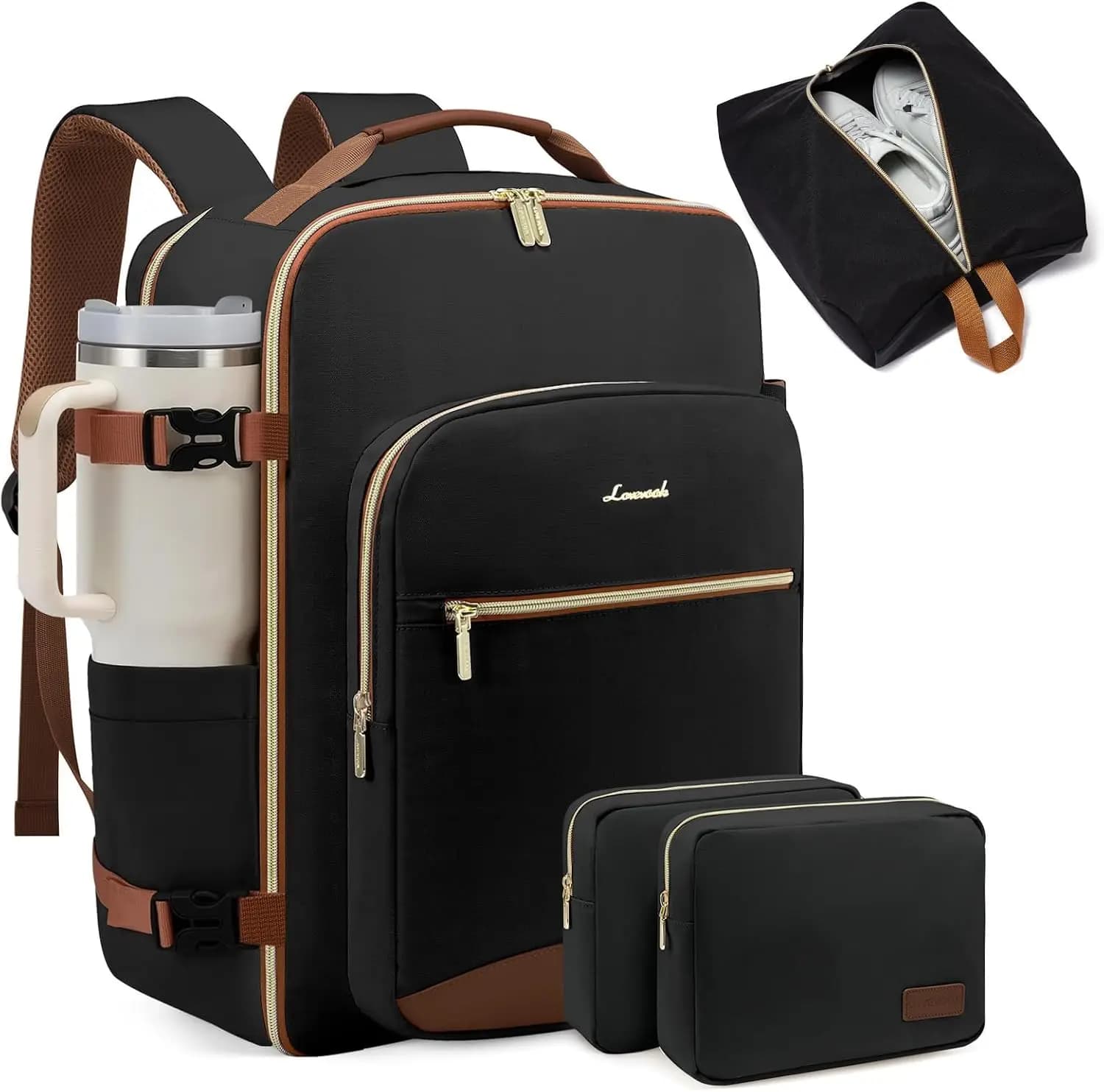 40L Large Travel Backpack for Women Men, 17 Inch Carry on Backpack for Traveling on Airplane, Personal Item Bag Airline Approved, Business Causal Weekender Backpack, Black-Brown