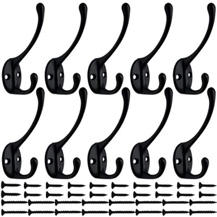 10 Pack Dual Coat Hooks Wall Mounted with 40 Screws Retro Double Hooks Utility No Rust Hooks for Coat, Scarf, Bag, Towel, Key,