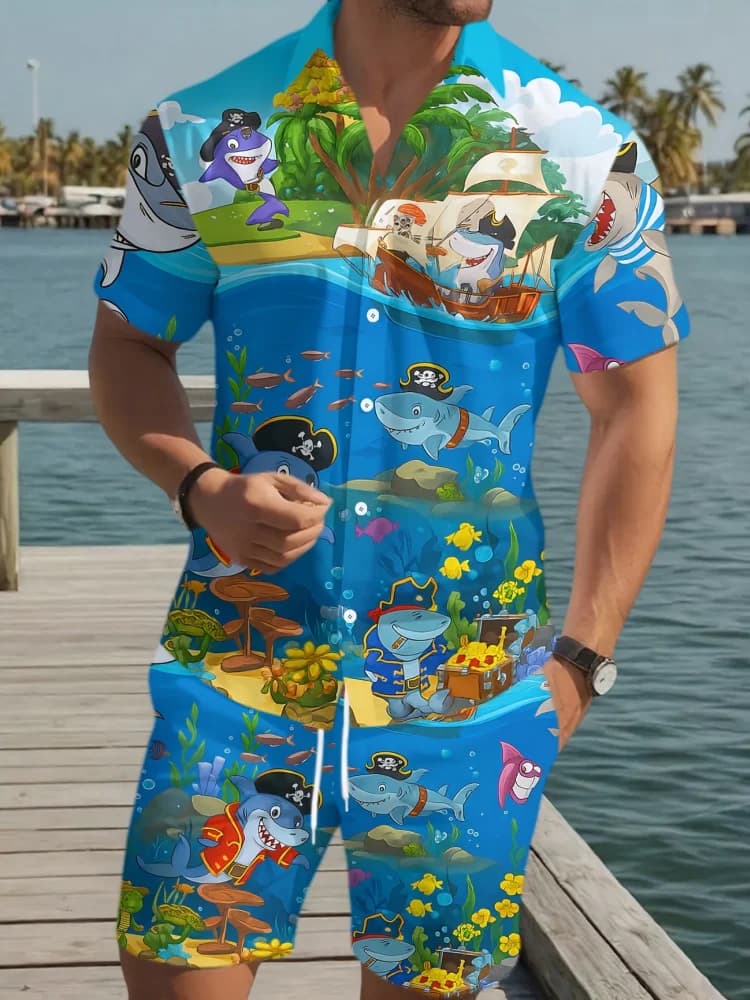 Men's Summer Completion: Shirt in Sleeves Court with Bottoni and Shorts, Set 2 Pieces Casual Hawaiian Beach, Oversize Pink