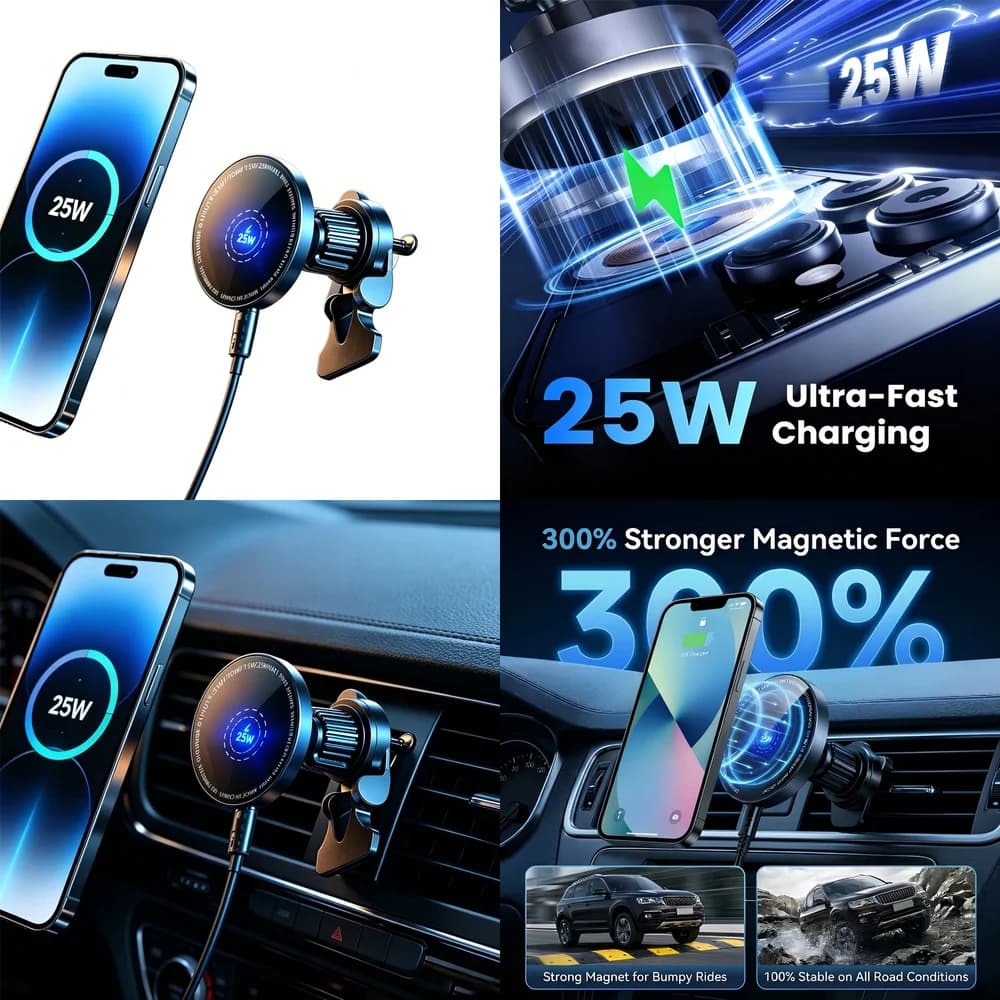 25W Super Fast Magnetic Wireless Car Charger Air Vent Phone Holder for iPhone 17 16 15 14 13 12 Pro Max Mini Stable Support