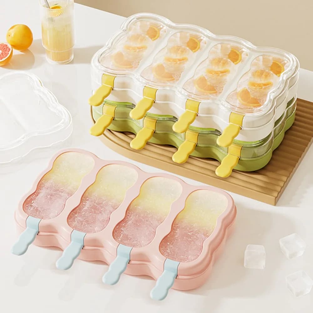 Stampo per gelato antiaderente pratico a 4 scomparti con coperchio, stampo riutilizzabile per sorbetto, stampo fai da te in plastica per ghiaccioli da congelatore
