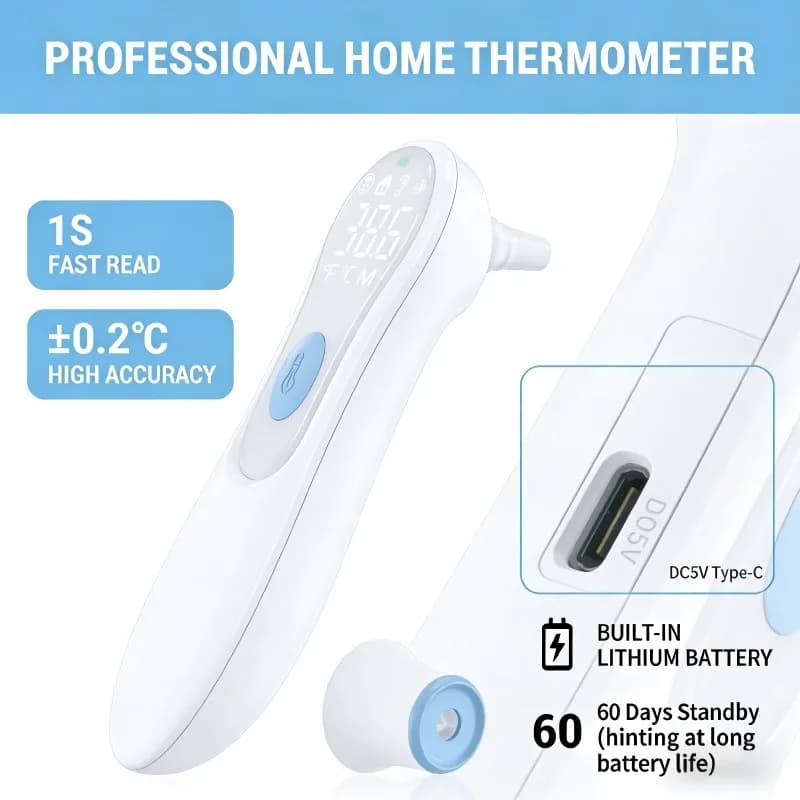 Rechargeable thermometer 3 in 1 for ear and front JUSTLANG °C / °F Infrared thermometer with LED Screen for Fever and Body Temperature, for Infants and Adults