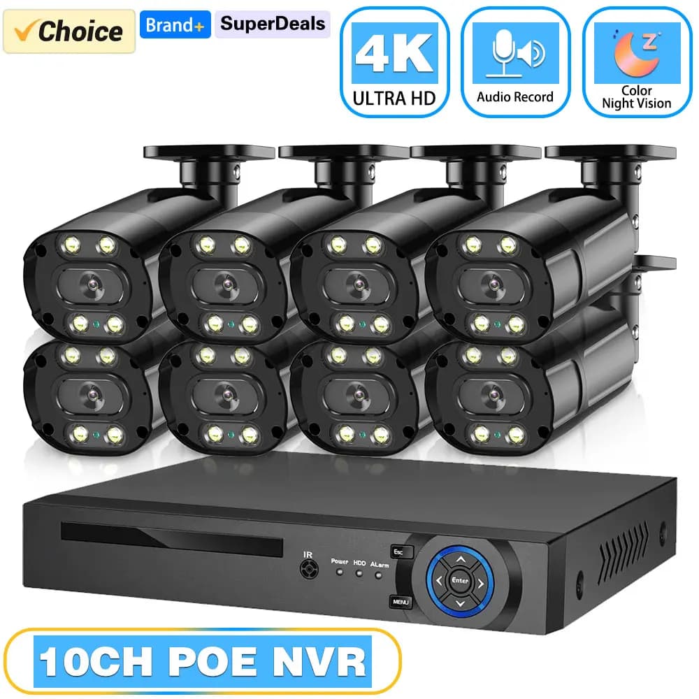 Sistema di Telecamere di Sicurezza 8MP 4K con Rilevamento del Movimento, Kit NVR POE, Registrazione Video CCTV, Telecamera POE per Esterni con Audio e Sorveglianza Umana