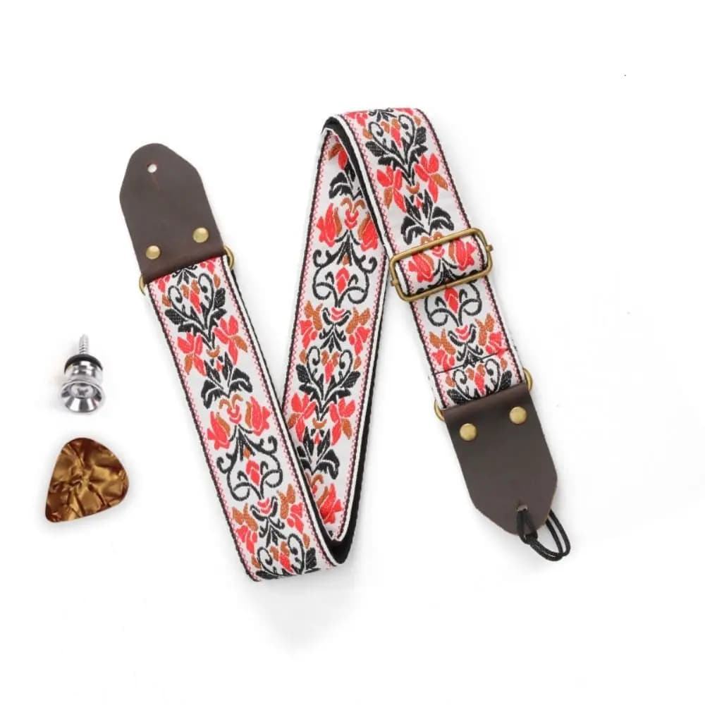 Vintage Flowers Embroidered Guitar Strap Tail Nail Pick Adjustable Guitar Strap Belt Cotton Leather Head Electric Guitar Belt