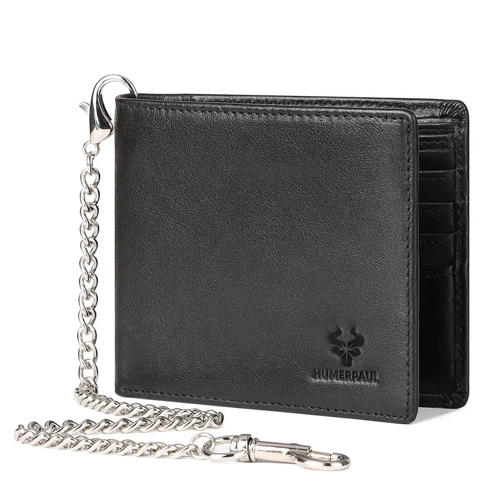 Portafogli porta carte di credito da uomo con schermatura RFID KAVIS Portafoglio in vera pelle con catena di ferro Portamonete casual da uomo