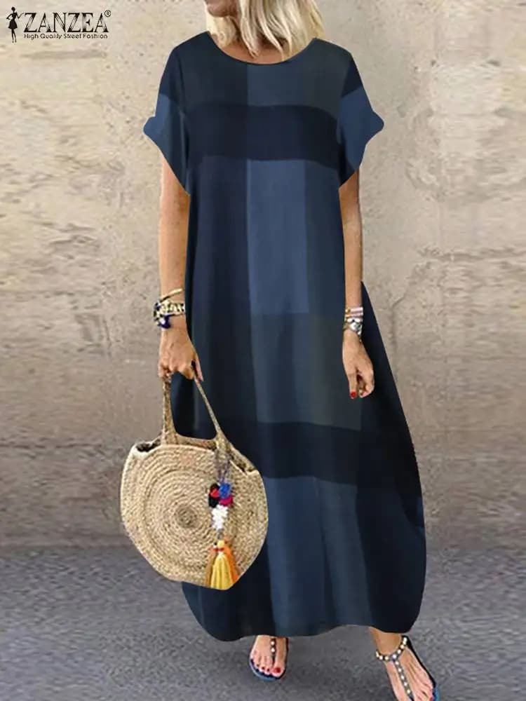 ZANZEA Bohemian Plaid Dress Summer Summer Short Sleeve Long Dress Fashion Party Dress Women Casual Dress loose 2025