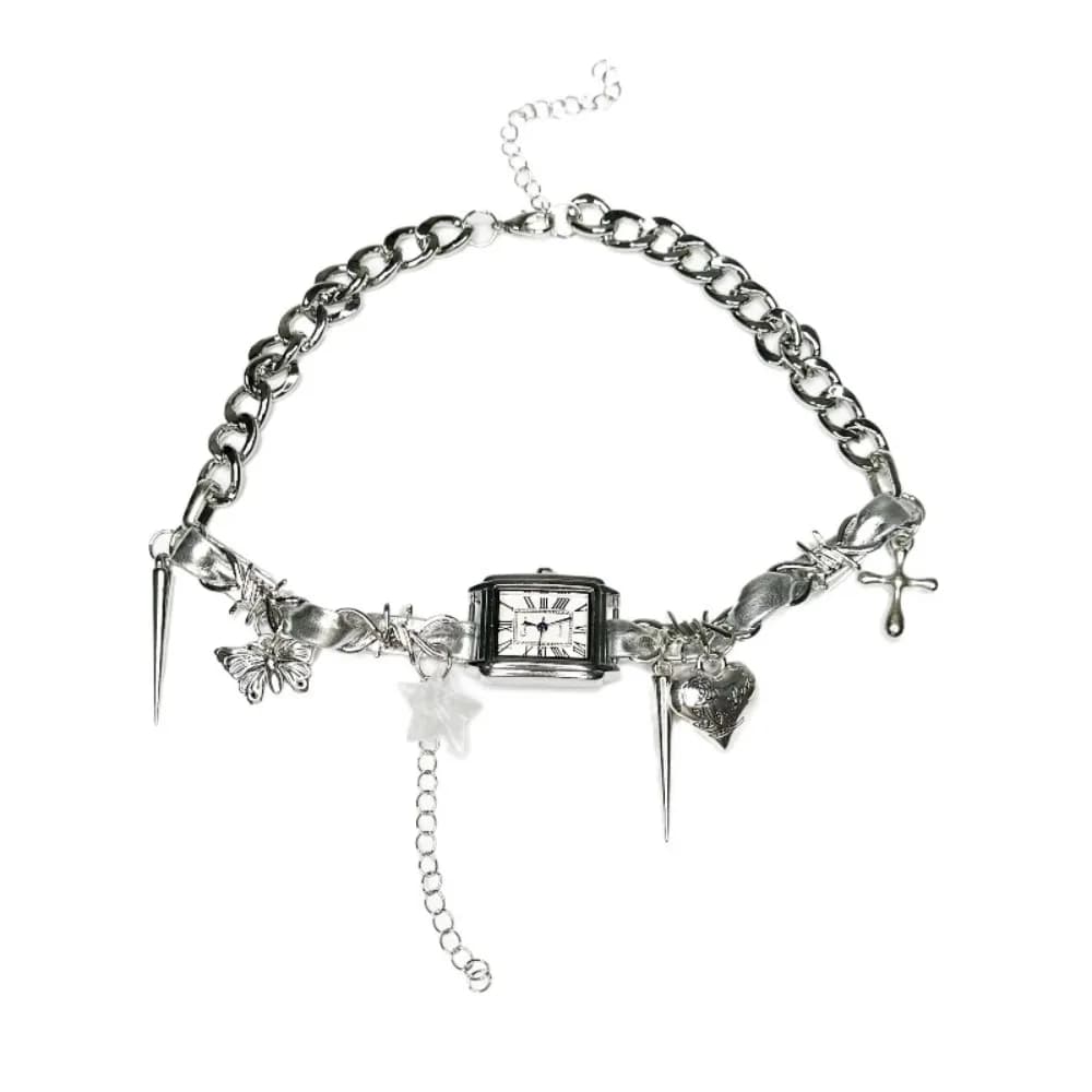 Fashion Star Orologi Pedant Choker Croce Cuore Collana con rivetti gotici Accessori per gioielli da collo da donna Collana con nappe Y2K da donna