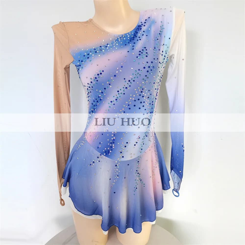 LIUHUO Danza sul Ghiaccio Pattinaggio di Figura Vestito Donna Ragazza Adolescente Personalizza Costume Prestazioni Concorso Body Blu Rullo Gradiente Bambino