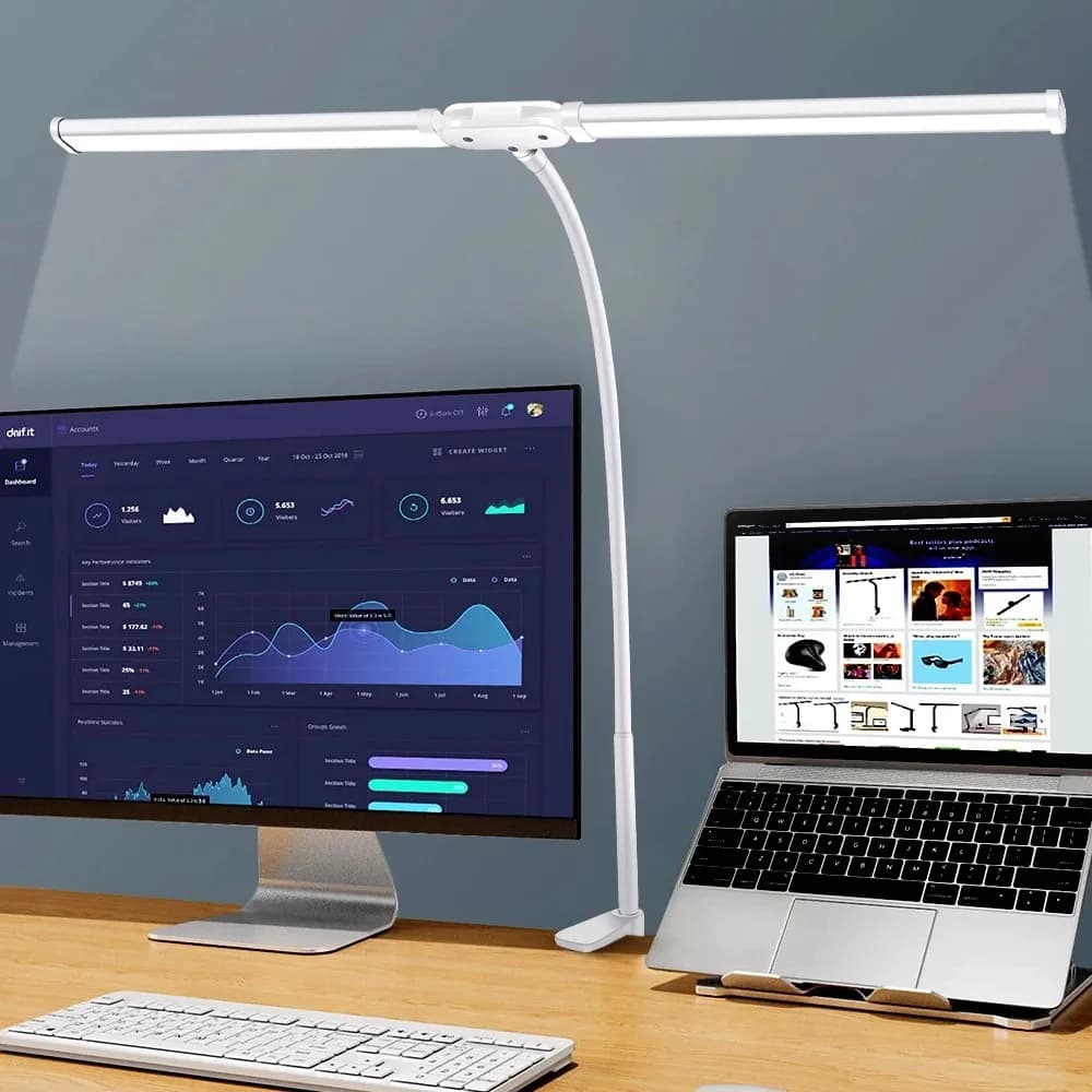 Lampada da scrivania a LED a doppia testa dimmerabile continua per monitor per PC da ufficio Clip di luce sulla lampada da tavolo Luci da lettura per camera da letto Protezione per gli occhi