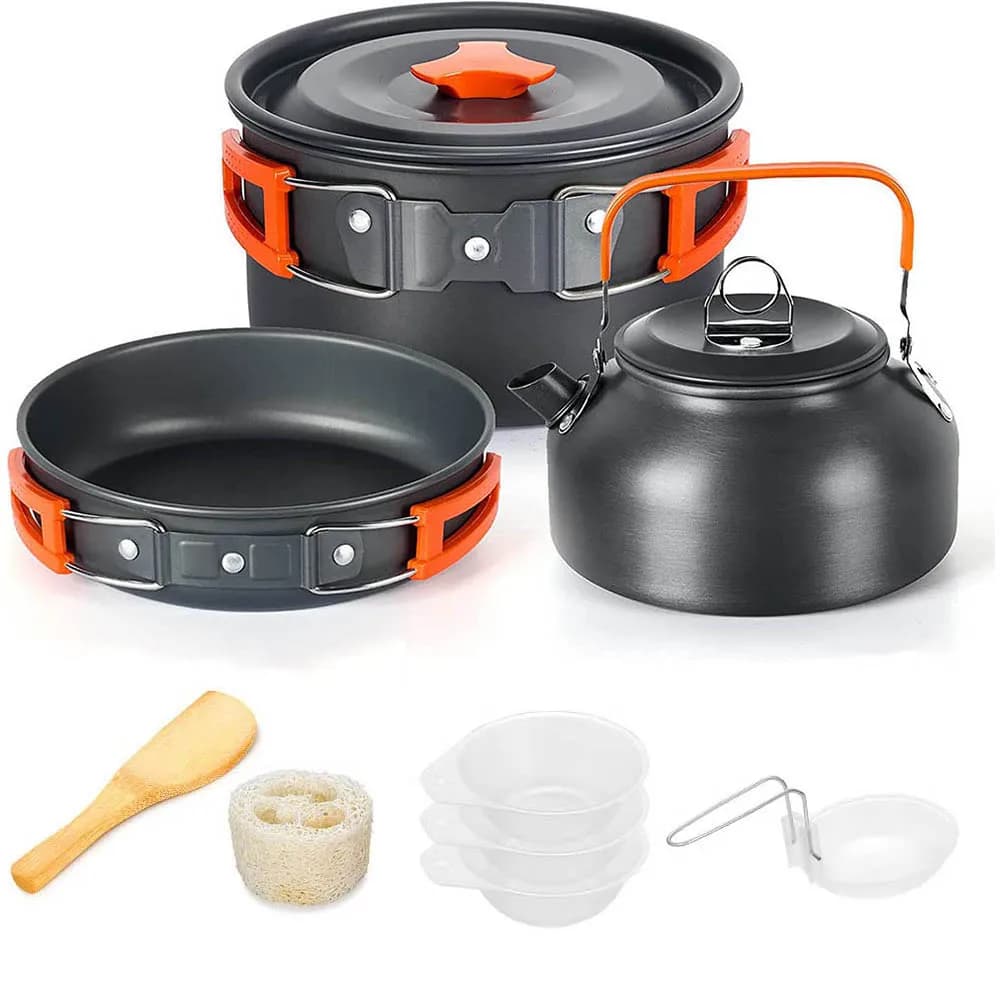 Set of outdoor camping pots in aluminium with mesh bag Foldable kitchen set Camping kitchen Teapot and pans Equipment