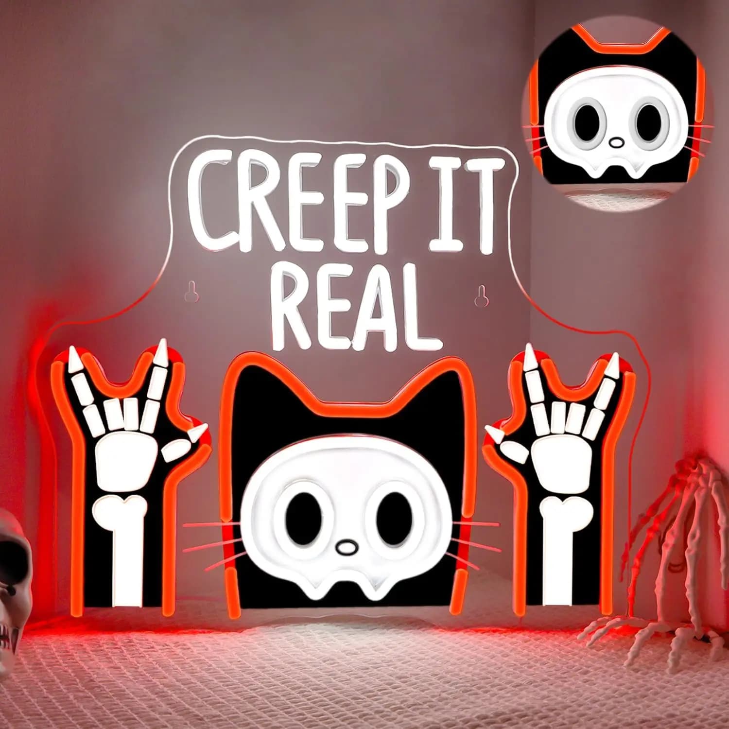 Creep It Real Neon Sign Cat Skull LED Neon Light Sign Dimmerabile per Spaventoso Halloween Spooky Theme Party Decorazione da parete Alimentato tramite USB