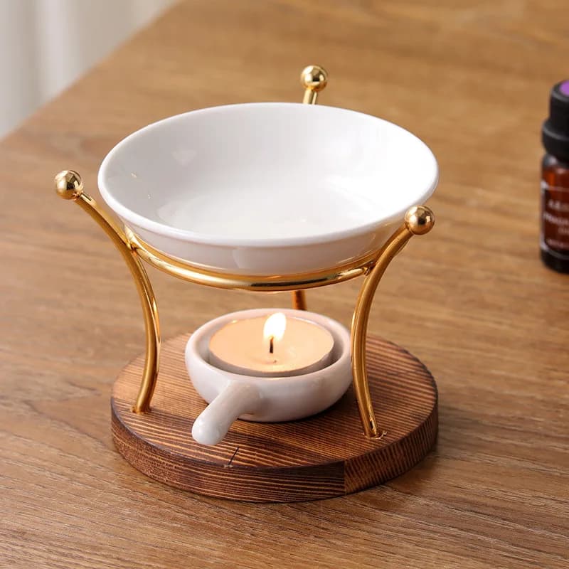 Wooden Base with Ceramic Dish Tealight Incense Burner, Vintage Fragrance Oil Aromatherapy Diffuser for Spa Yoga Meditation