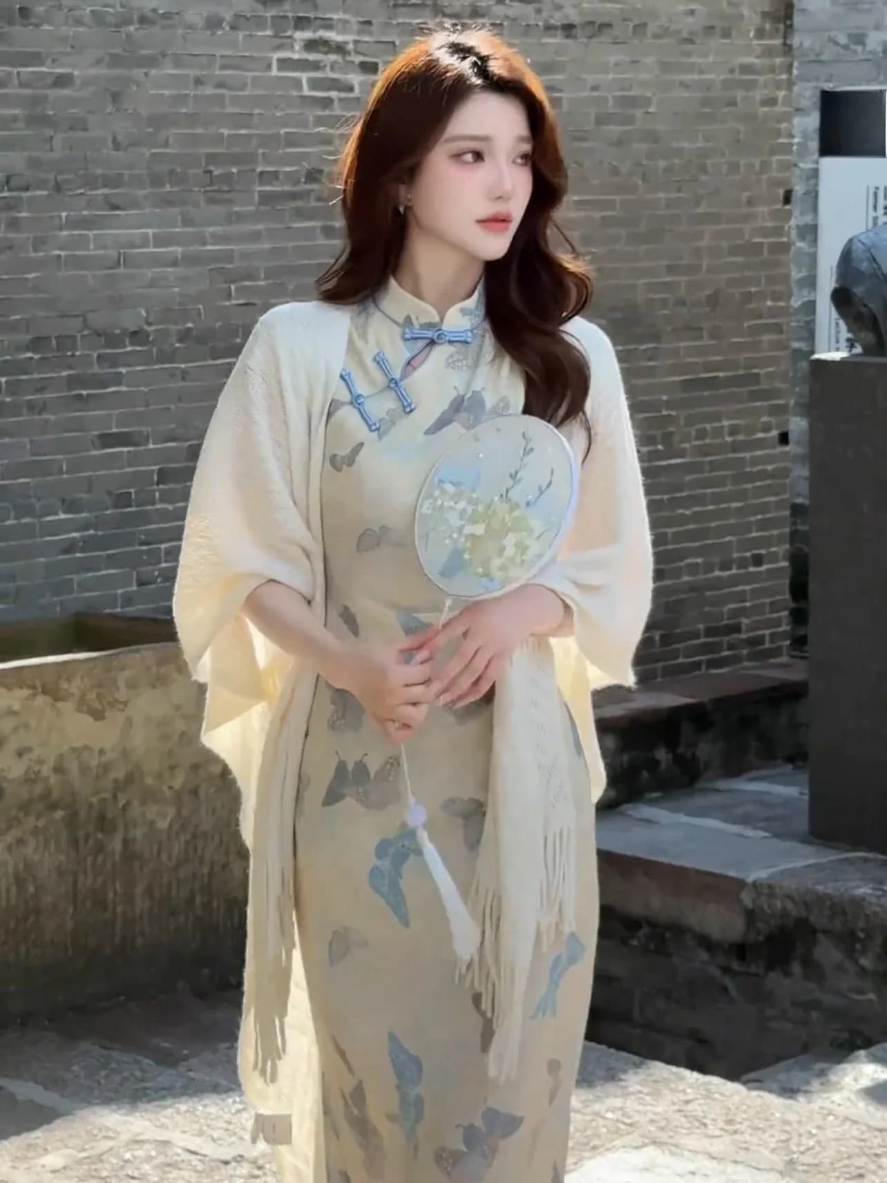 Nuovo Abito in Stile Cinese con Stampa a Nodi, Design Elegante da Donna, Maniche Lunghe, Vestito Lungo con Motivi Floreali in Poliestere