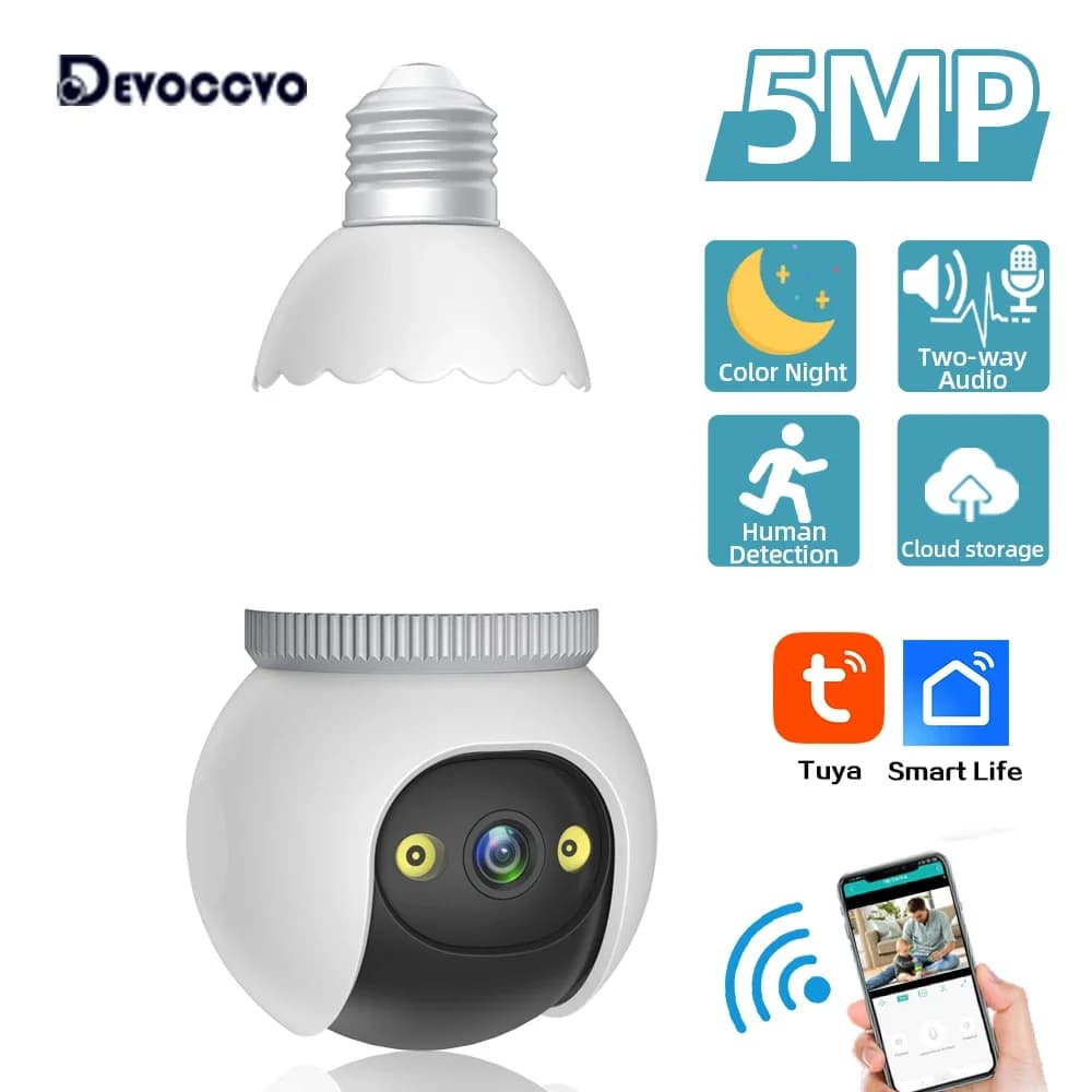 Tuya 5MP Wifi PTZ IP Lampadina Telecamera Auto Tracking Home Smart Life Telecamera di sorveglianza wireless Audio bidirezionale Baby Monitor Cam