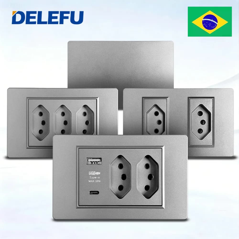 DELEFU Grey PC Full-paddle Brazil USB TypeC Fast Charging Wall Socket Switch Integrated Module CAT6 10A 20A
