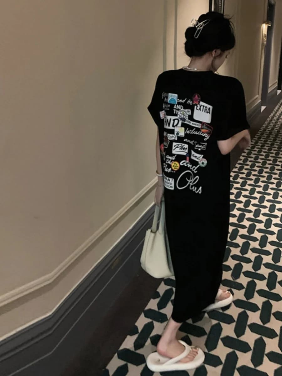 Black Short Sleeve T-Shirt Dress Women's Summer Design Back Print Loose Midi Knee-Length Dress Korean Style A-Line Skirt
