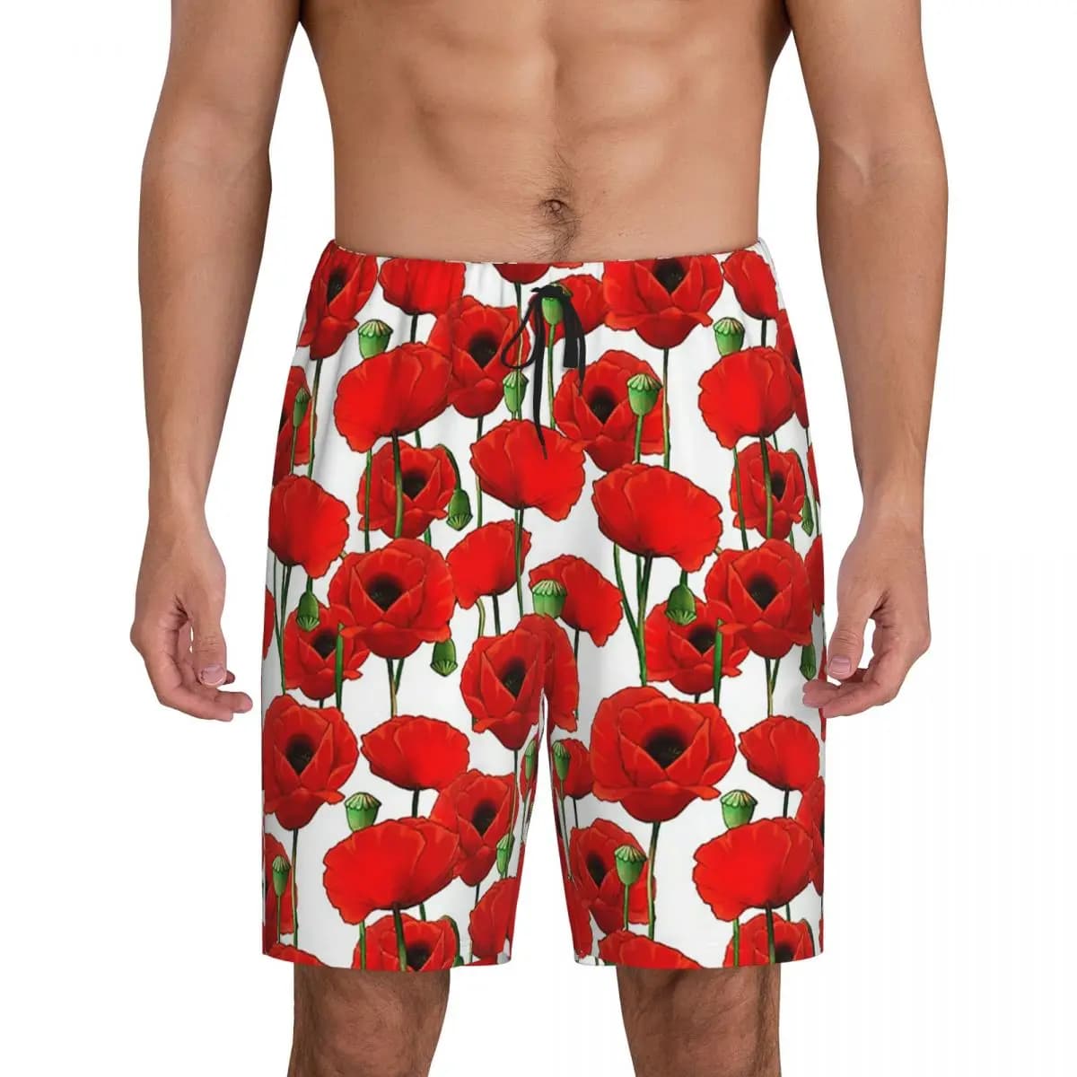 Pantaloncini da Pigiama Personalizzati con Motivo Papavero per Uomo, Abbigliamento da Notte, Pantaloncini Comodi per Dormire