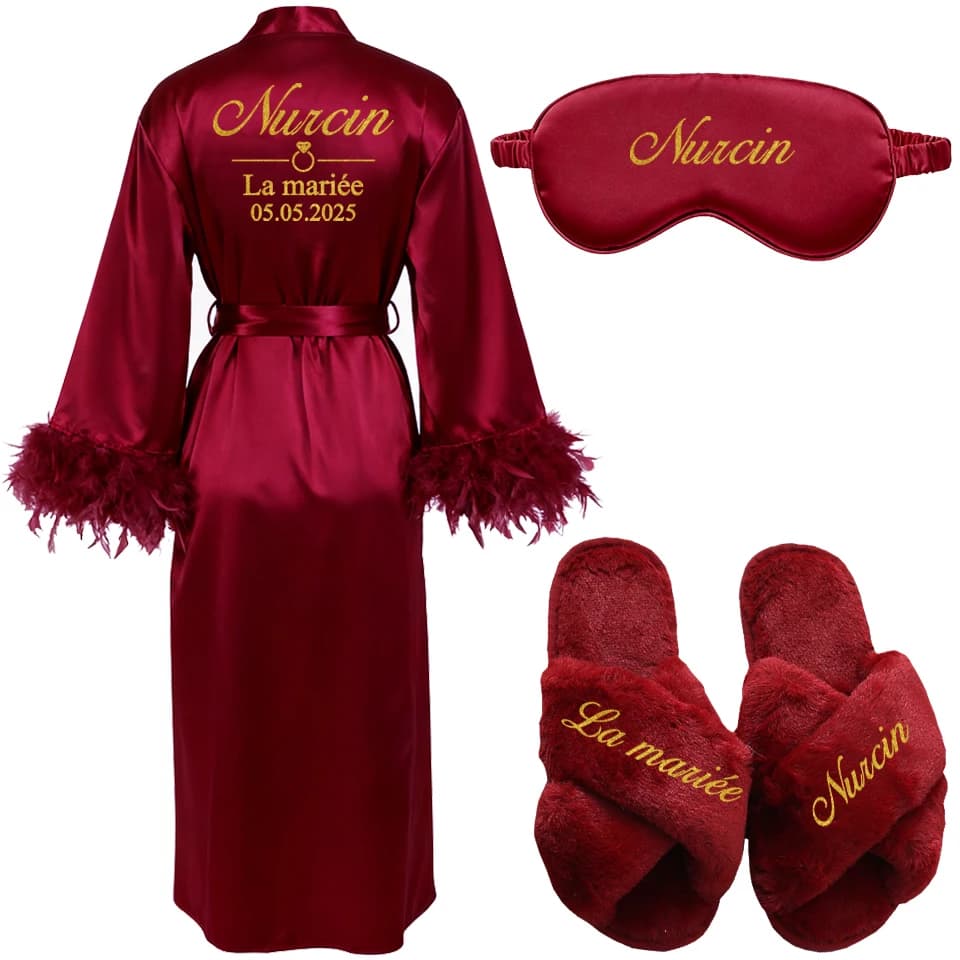 Personalized Bathrobe for Women with Name and Date, Add Any Text, Wedding Dresser, Dressers with Feather for the Bride