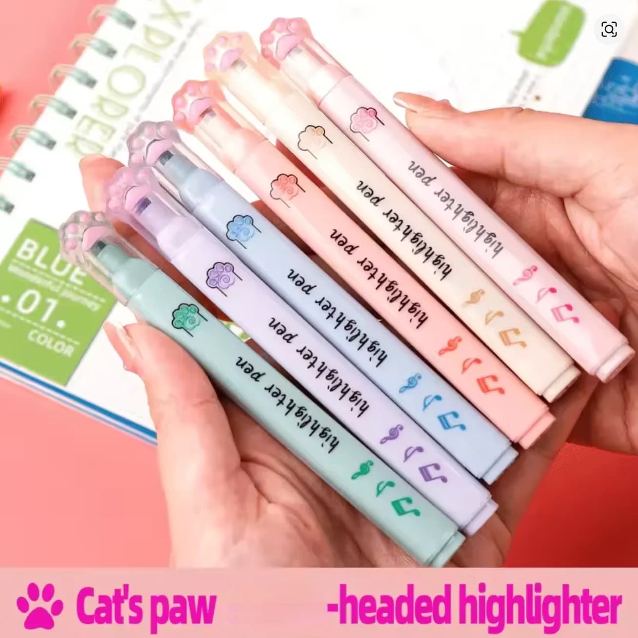6Pcs Creative Cat Paw Shape Highlighters, Vivid Color Marker Pens for Students Note Taking School Stationery
