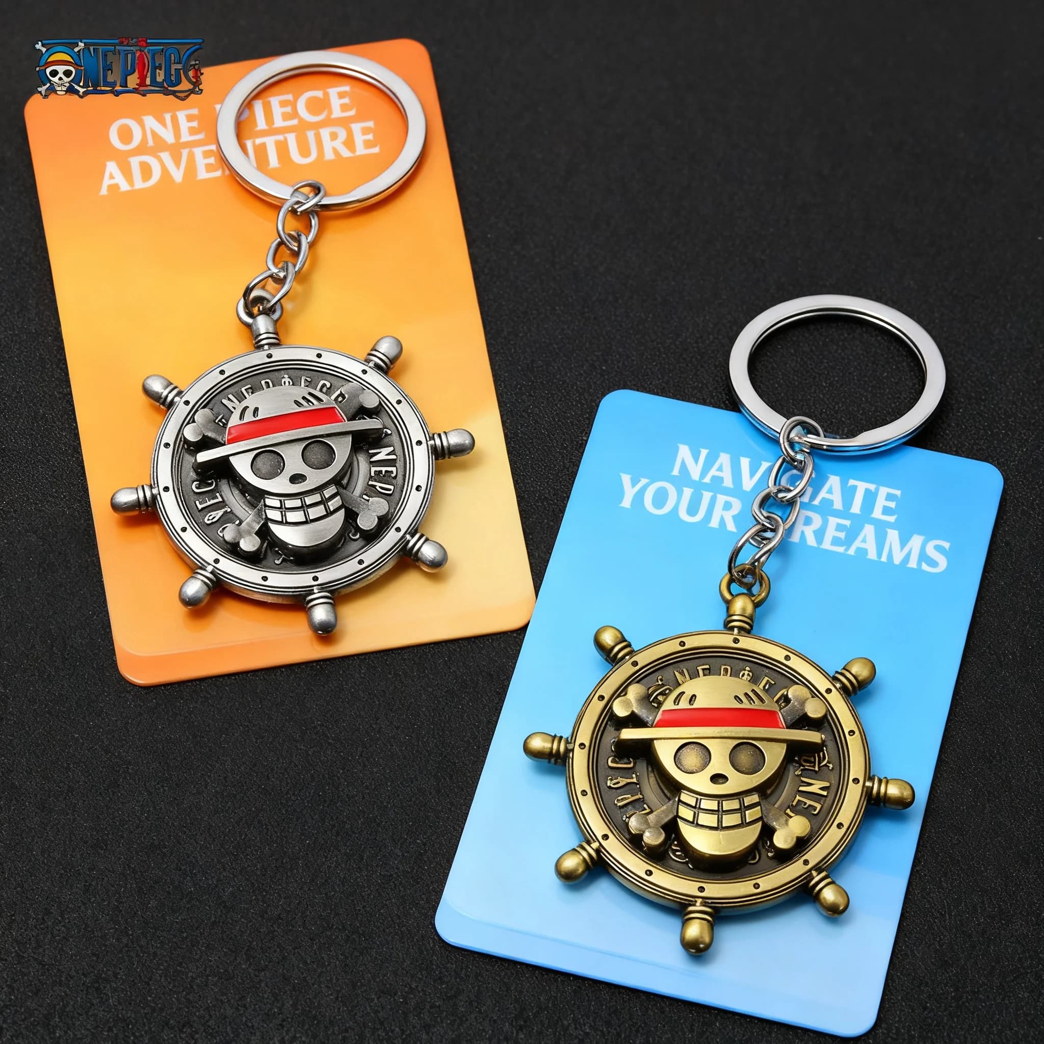 Portachiavi Anime One Piece, Ciondolo Teschio Girevole della Crew di Luffy con Cappello di Paglia, Bussola Vintage in Metallo, Anello Portachiavi per Chiavi Auto, Regali, Cosplay