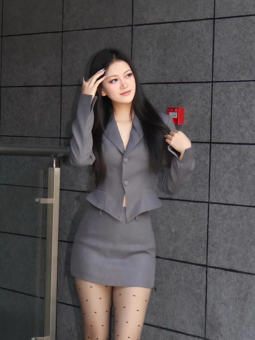 Elegant Grey Suit Jacket And Short Skirt Set Women's Fashion Spring 2026 Korean Style Classy Dress High Waist Design