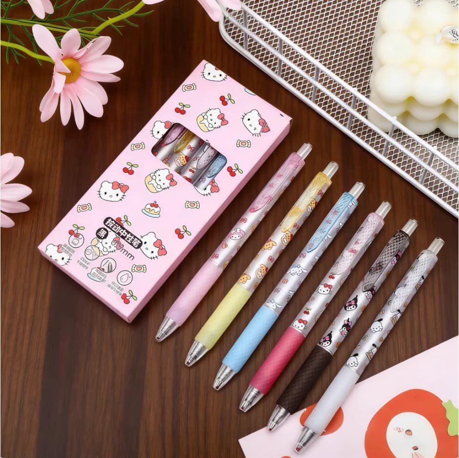 6 pezzi di penne gel Cartoon Hello Kitty della serie più recente, a sfera, nere, a rapida asciugatura, da 0,5 mm, articoli di cancelleria per studenti, articoli essenziali per l'ufficio