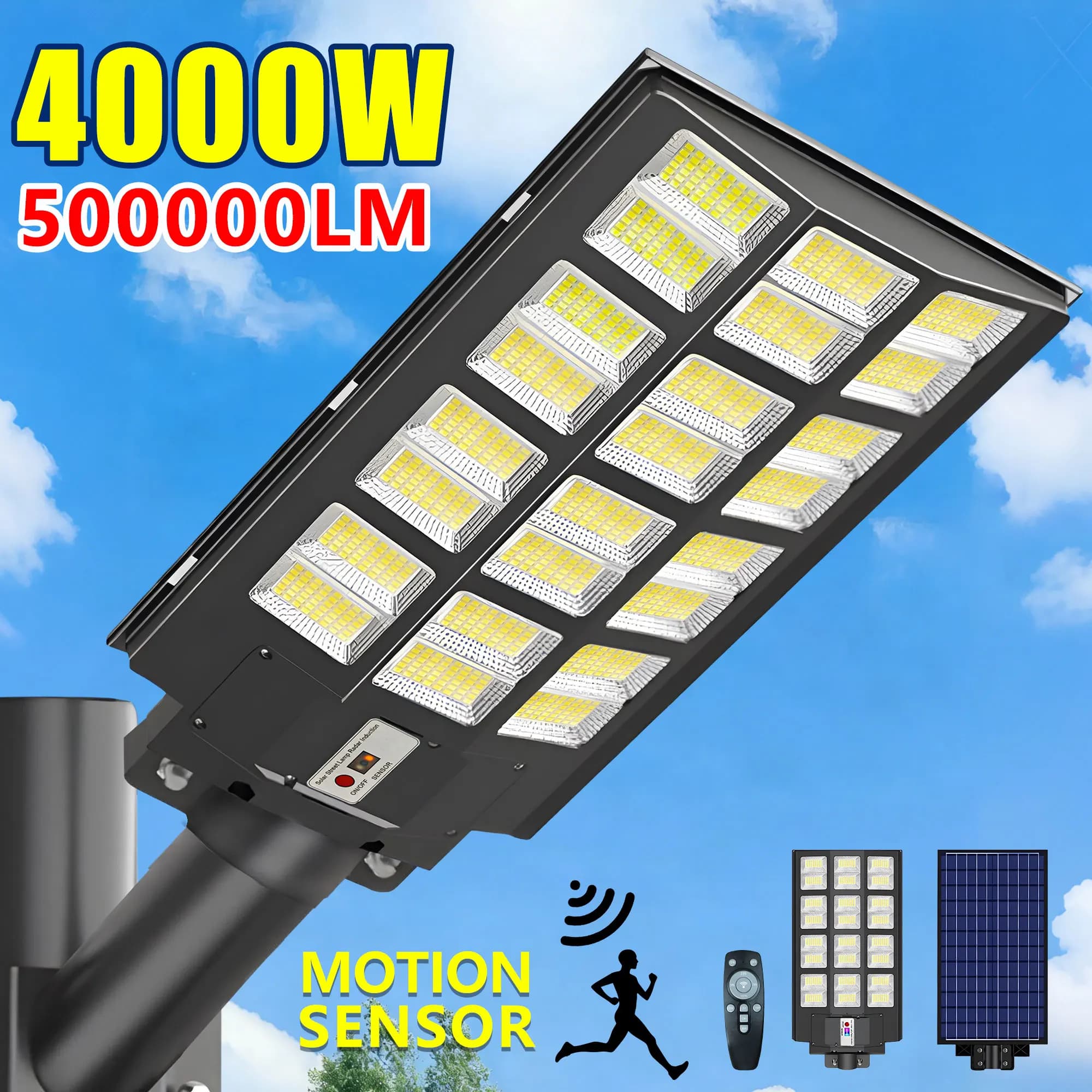 4000W 500000LM Ultra Bright Solar 1152 LED Light Outdoor Powerful Motion Sensor RemoteControl 33000mah Garden Street Wall Lamp
