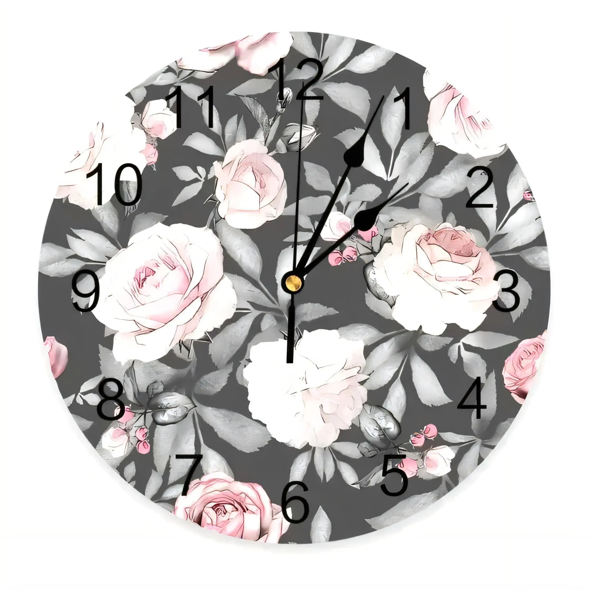 Floral Round Wall Clock Dark Gray Pink Roses Silent Non Ticking Battery Operated Elegant Home Decor Bathroom Kitchen