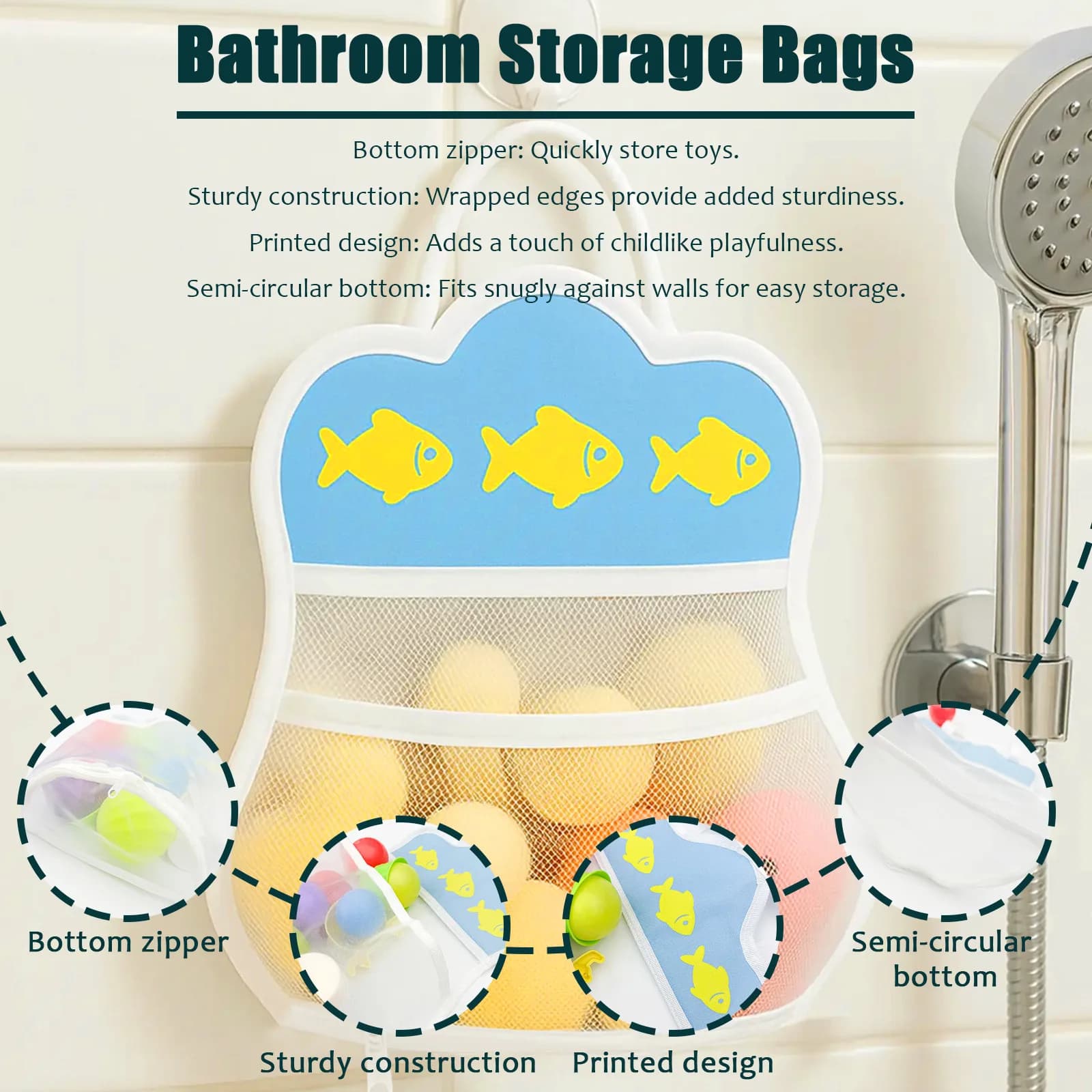Nuovo Modello Borsa Portaoggetti per Giocattoli da Bagno per Bambini con Ventosa Rimovibile, Cesto Portaoggetti per Giocattoli e Shampoo a Forma di Cane