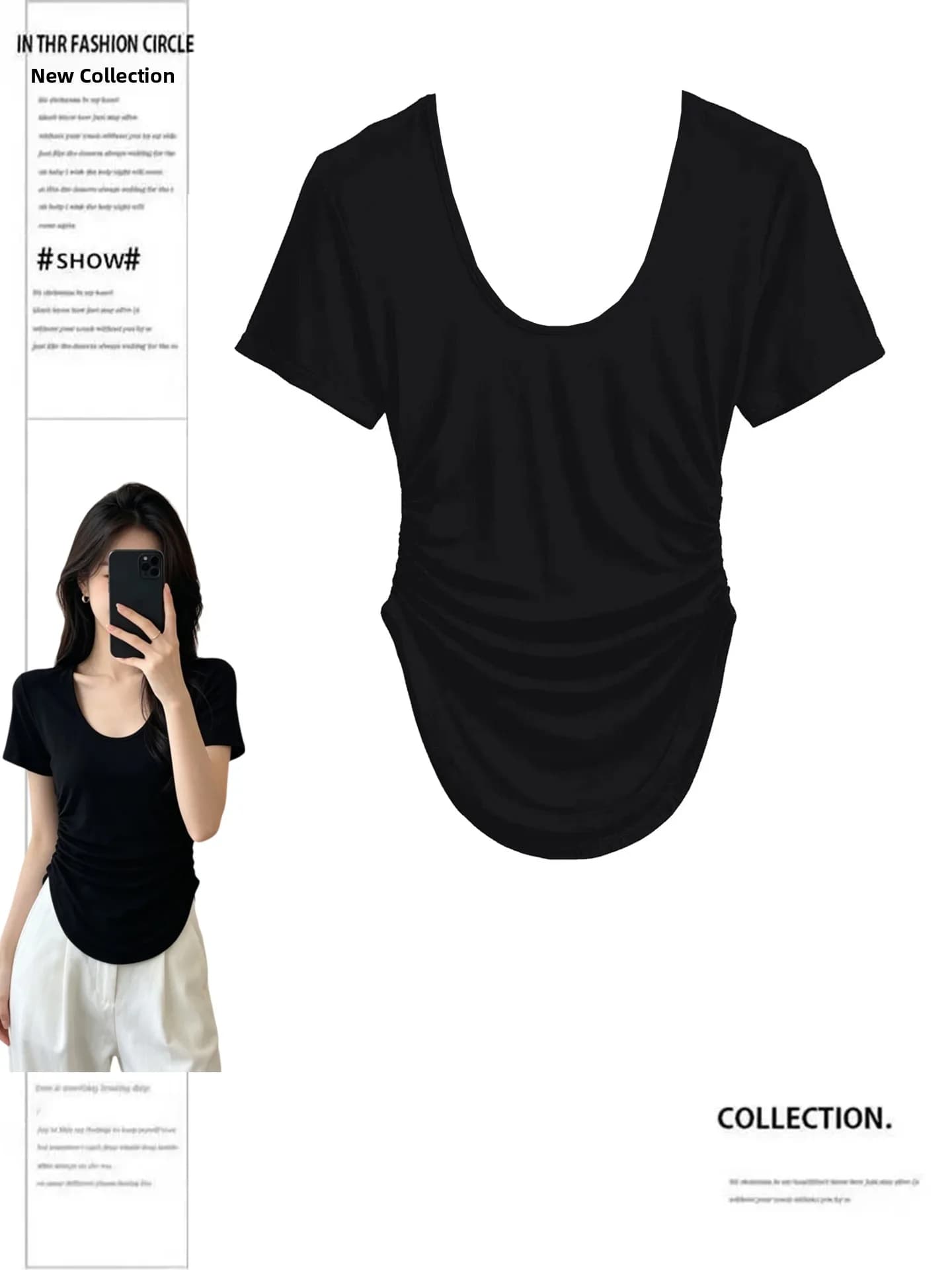 plus Size Women's Black U-Neck Short Sleeve T-Shirt Summer Slimming Sporty Style High Waist Printed Korean Fashion