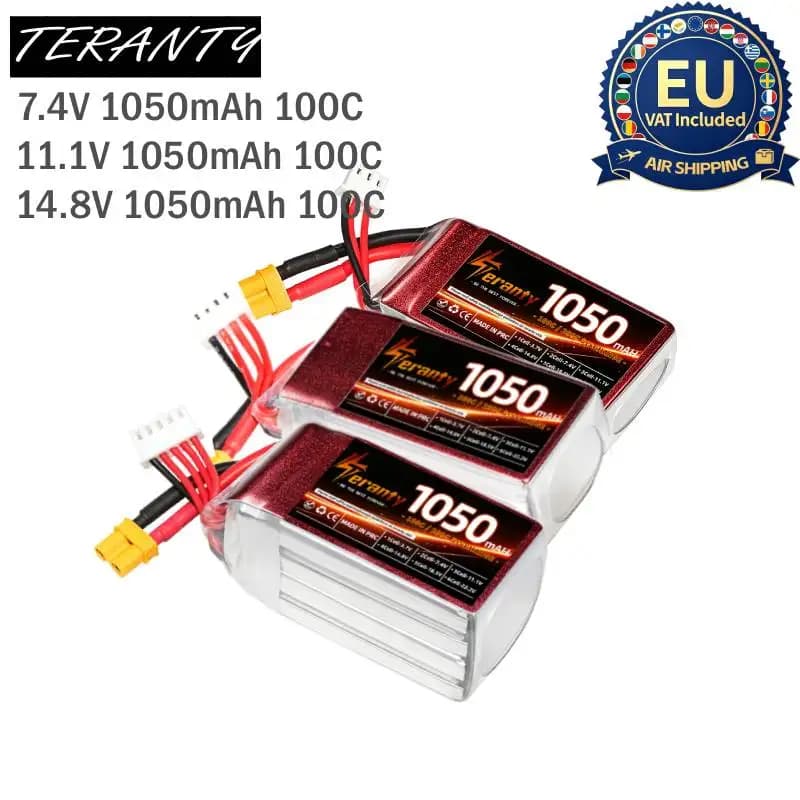 2PCS 1050mAh 2S 3S 4S RC Lipo Battery 7.4V 11.1V 14.8V 100C Continuous 200C Burst XT60 Teranty for RC Aircraft Multi‑rotor