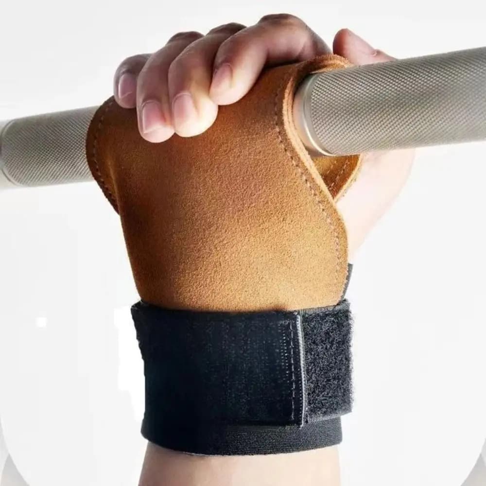 Double Layer PU Leather Gloves Non-slip Gym Training Gloves with Bovine Leather Palm Weight Lift Gloves with Wrist Strap