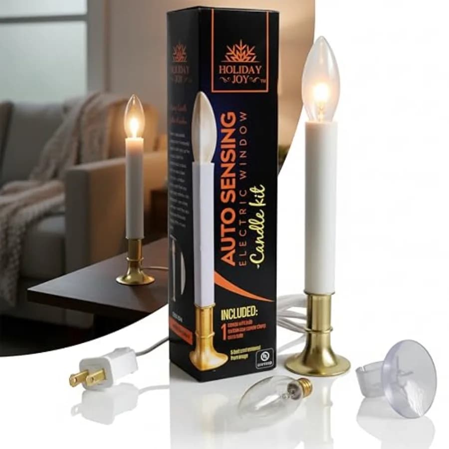 - 1 Pack Christmas Window Candles with Sensor Dusk to Dawn Electric Corded - 9" Tall Electric Candlesticks with Built-in Auto S