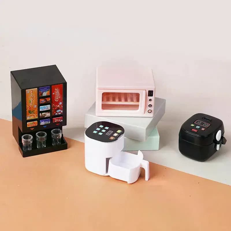 Kitchen home appliances set for dolls: 1/12 scale miniature air fryer, sewing, oven and beverage machine