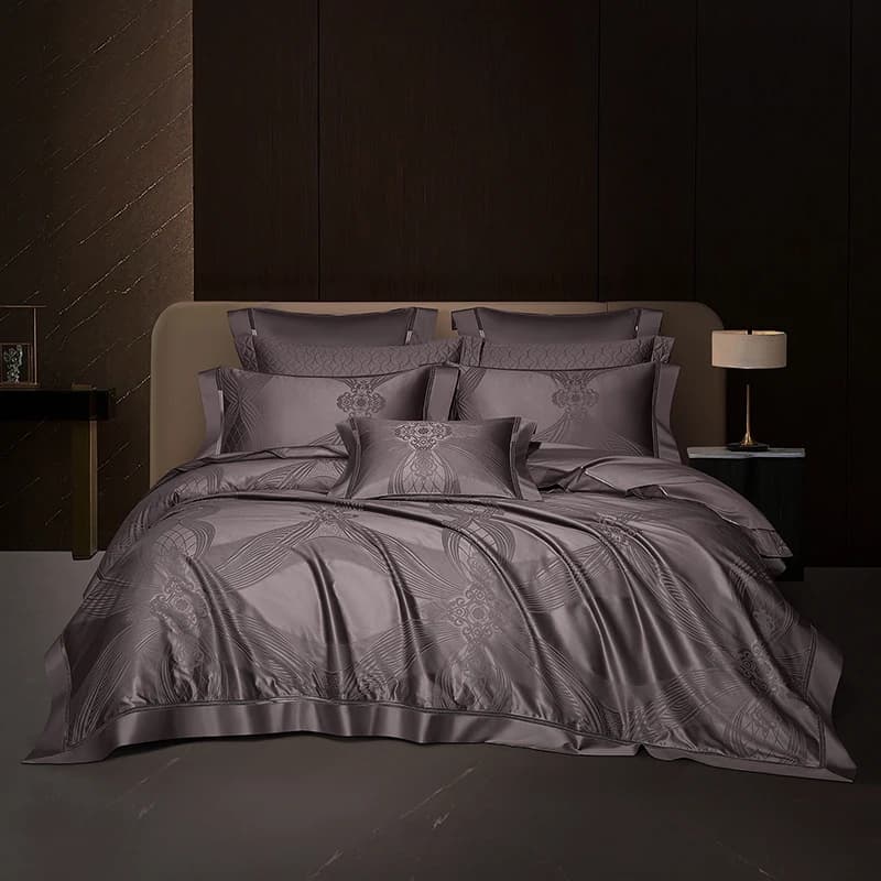 Set di Biancheria da Letto di Lusso in Cotone Egiziano 120S, Jacquard, Colore Taupe Scuro, Morbido e Setoso, Copripiumino, Lenzuolo, Federe, Misura King Queen, 4 Pezzi