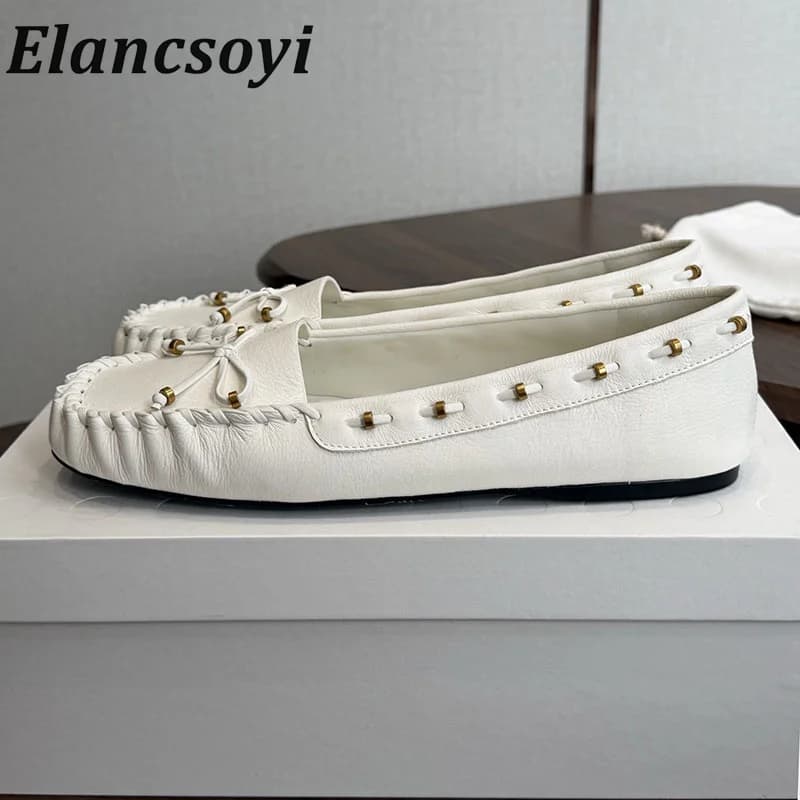 loafers round toe shallow mouth retro flat shoes autumn genuine leather solid color soft sole butterfly decoration casual shoes
