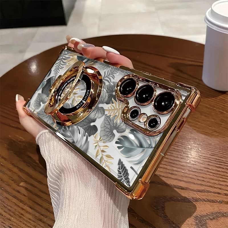 Phone Case For Samsung Galaxy S23 Ultra S21 Plus S20 FE S22+ 5G Fashion Leaves Pattern Shockproof Plating Holder Stand Cover