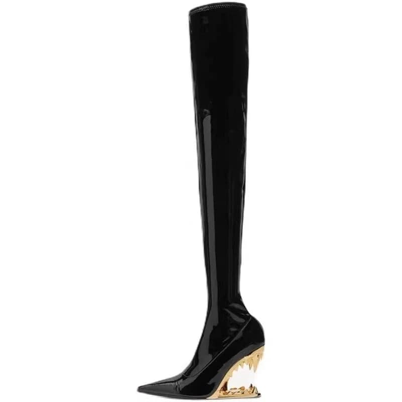 Nuovo autunno e inverno a forma di dente tacchi strani stivali sopra il ginocchio da donna stivali elasticizzati in pelle verniciata Femme Chaussure Femme