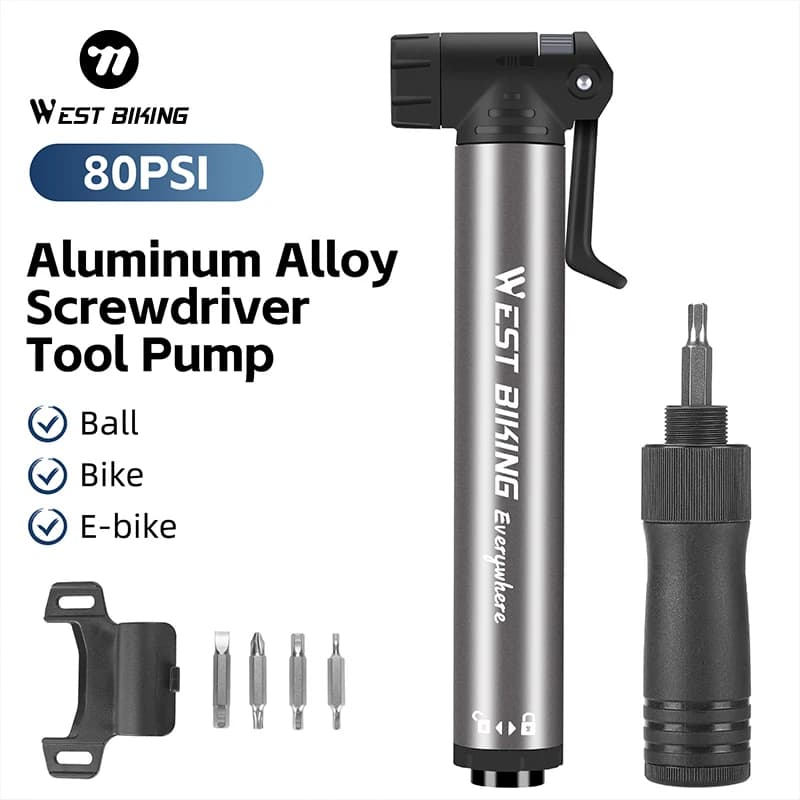 WEST BIKING Pompa per Bicicletta in Lega di Alluminio 80PSI con Cacciavite, Portatile, Impermeabile, Interruttore a Un Clic, Gonfiatore Pneumatici AV/FV, Accessori per Bici
