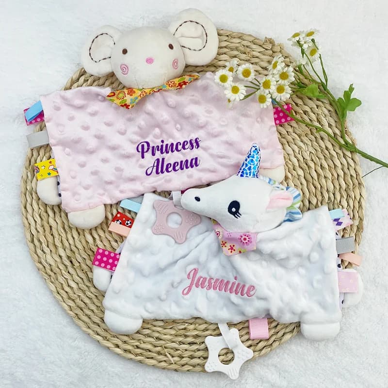 Copertina di Sicurezza Personalizzata per Neonati con Coniglietto e Massaggiagengive in Silicone, Regalo Ideale per Baby Shower