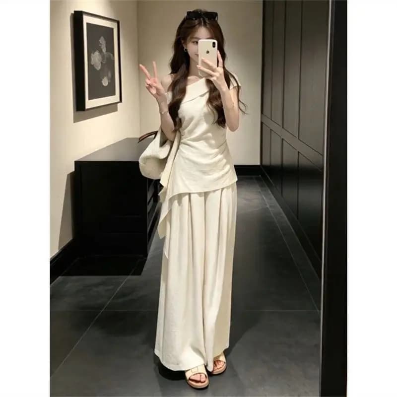 Summer Fashion Set Women's Short Sleeve T-Shirt And Wide Leg Pants Two-Piece Suit Shoulder Design Casual Comfortable Clothing