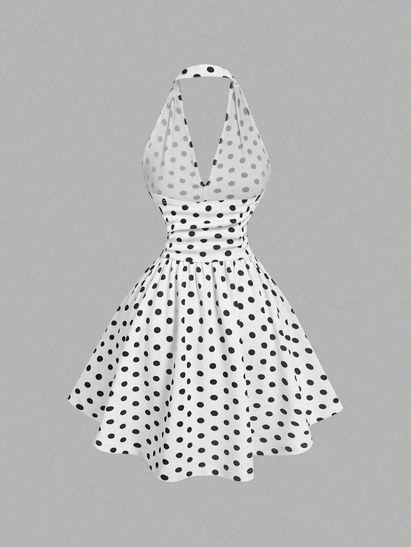 Abito estivo casual da donna con scollo all'americana, scollo a V, a pois, linea ad A